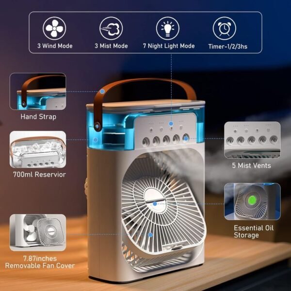 10-Inch Portable USB Air Conditioner Fan with LED Night Light, Cool Mist Humidifier & Water Spray – Mini Personal Air Cooler (Random Color) - Image 2