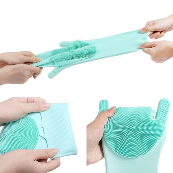 Silicone Dishwashing Gloves with Scrubber – Full Finger Reusable Cleaning Gloves for Kitchen & Home Use (Random Colors) - Image 5