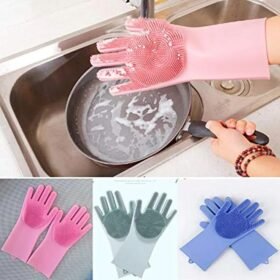 Silicone Dishwashing Gloves with Scrubber – Full Finger Reusable Cleaning Gloves for Kitchen & Home Use (Random Colors)