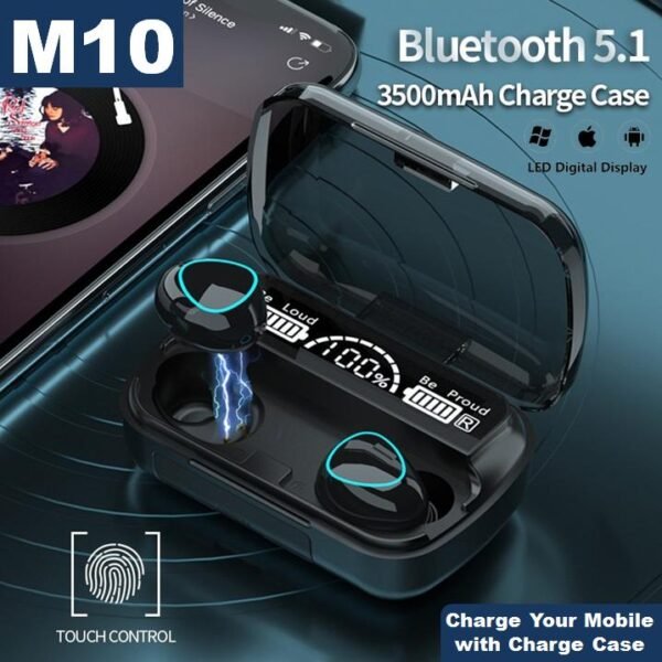 M10 True Wireless Bluetooth 5.1 Earbuds – HiFi Stereo Sound, Touch Control, Noise Reduction, with LED Display & Charging Case" - Image 2
