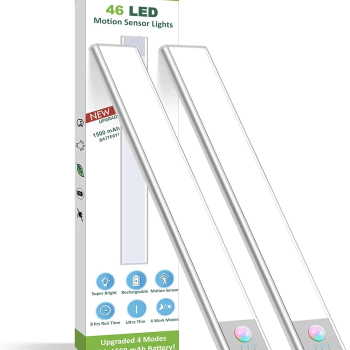 Under Cabinet Lights, 46 LED lights Battery Operated Motion Sensor Light Indoor, USB C Rechargeable Closet Lights Motion Sensored, 1500mah Wireless Magnetic Light for Kitchen Night Stairs (2 Pack)