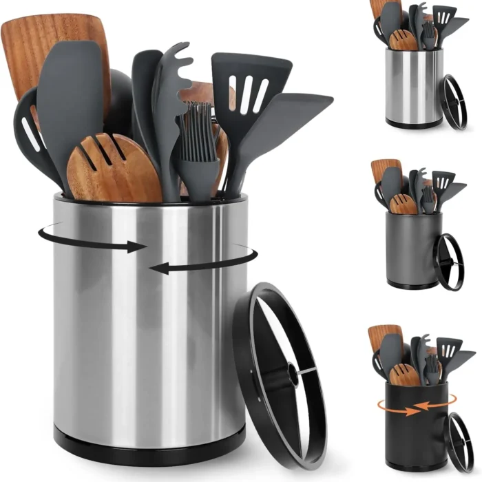 Large Kitchen Utensil Holder, 360° Rotating Stainless Steel Cooking Utensil Holder for Countertop, 3 Compartment Flatware Organizer & Cooking Caddy with Removable Base（Silvery）