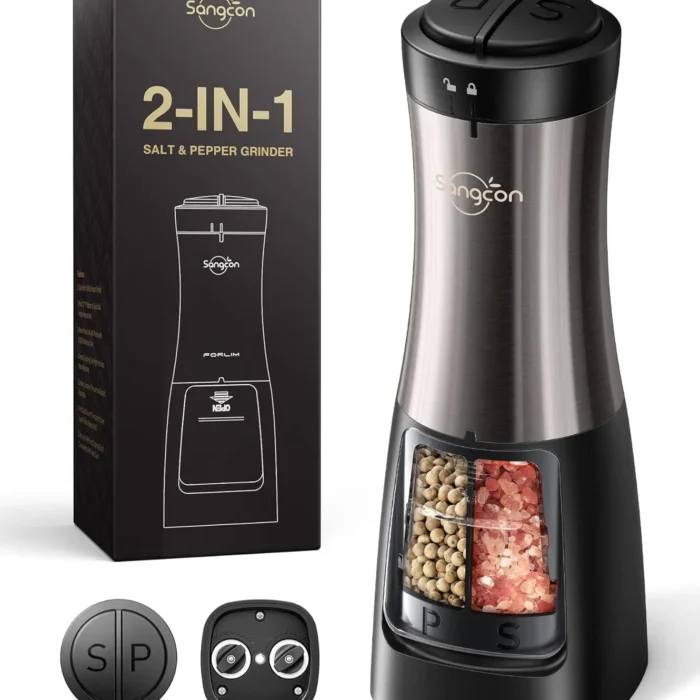 Electric Salt and Pepper Grinder Set Shaker 2 IN 1 - Automatic Salt and Pepper Grinder Mill, Battery Powered One-Handed Operation Refillable with Light Dual Ceramic Mill